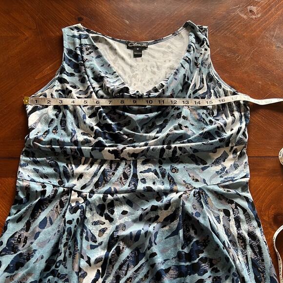 Clara S Blue Animal Print Knit Dress Woman Size Medium Sleeveless Waterfall Neck - Picture 7 of 10